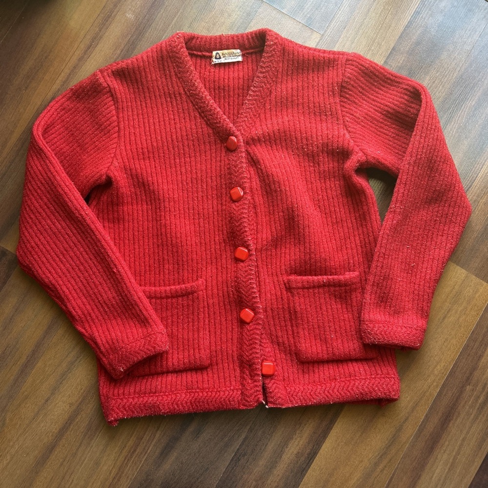 Maharjan Woolen Fashion Red Ribbed‎ Knit Button Front Cardigan Sweater Vintage